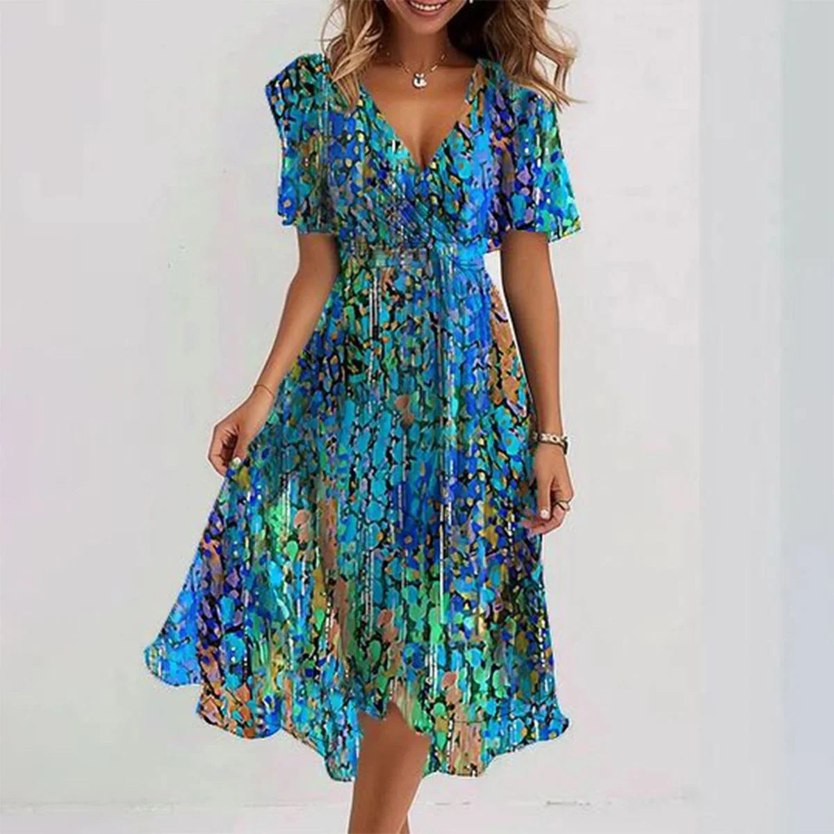 Eliora Dune | Vestido Midi Cruzado con Estampado Fluido | Elegante y Fresco para Bodas 1