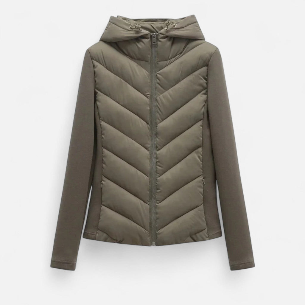 Isabella | Chaqueta de Plumas con Capucha y Patchwork para Mujer 0