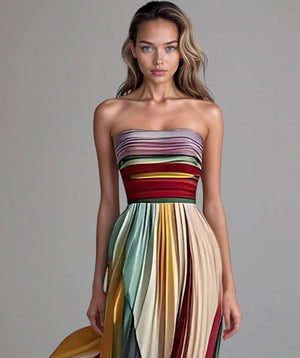 Vestidos Verano Mujer | Vestido Sin Tirantes Plisado con Bloques de Color | Estilo Alegre para Ocasiones Especiales 0