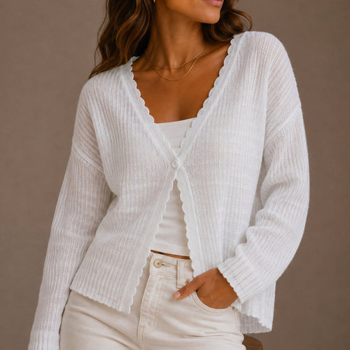Adalina | Chaqueta punto mujer cuello pico con bordes festoneados - Noa Lagos