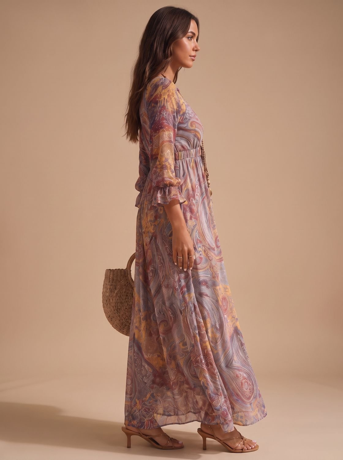 Vista completa del vestido maxi fluido con estampado paisley multicolor