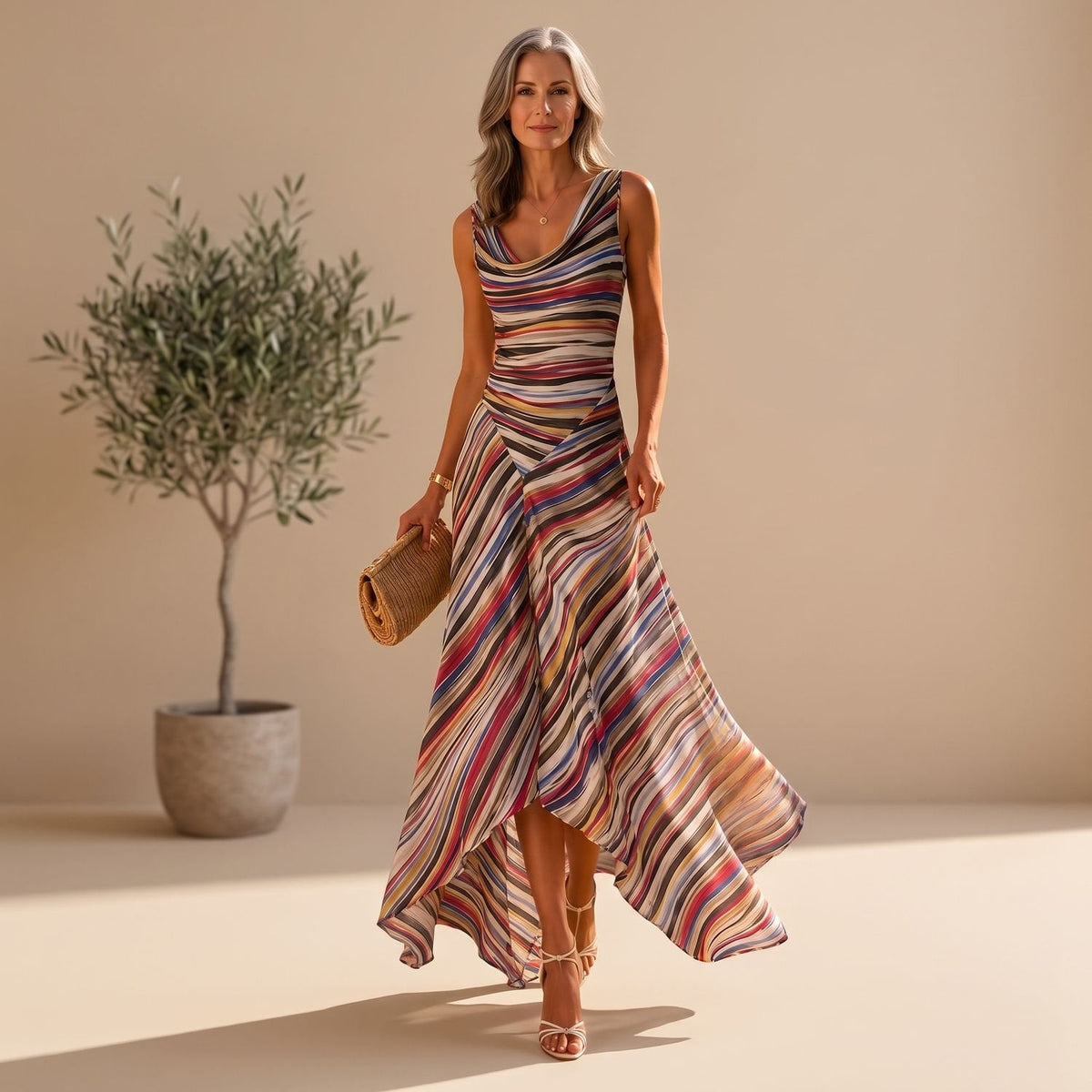 Vestido maxi de rayas multicolor con bajo asimétrico, modelo Alina