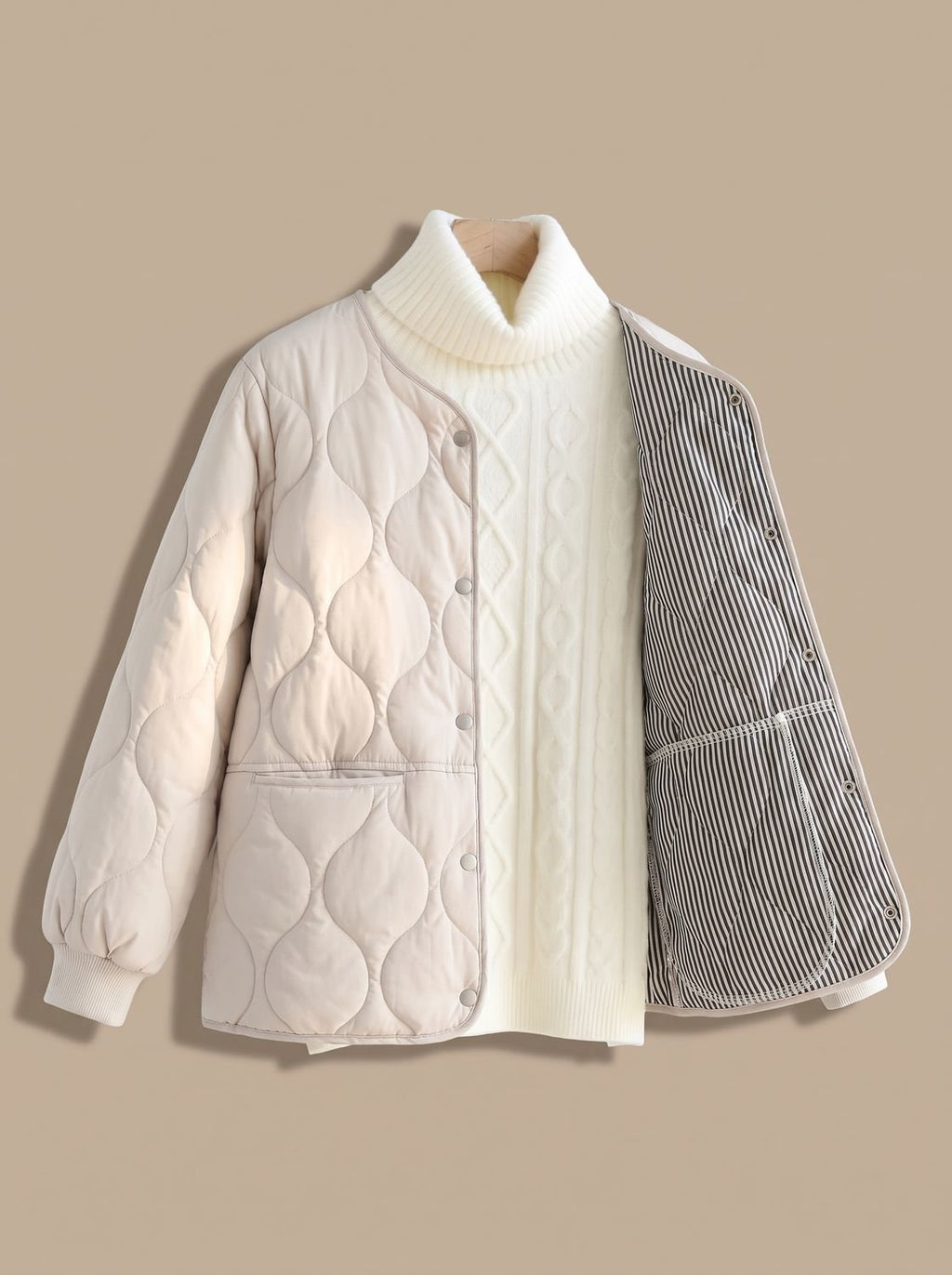 Mujer luciendo la chaqueta acolchada Alma en un look de entretiempo
