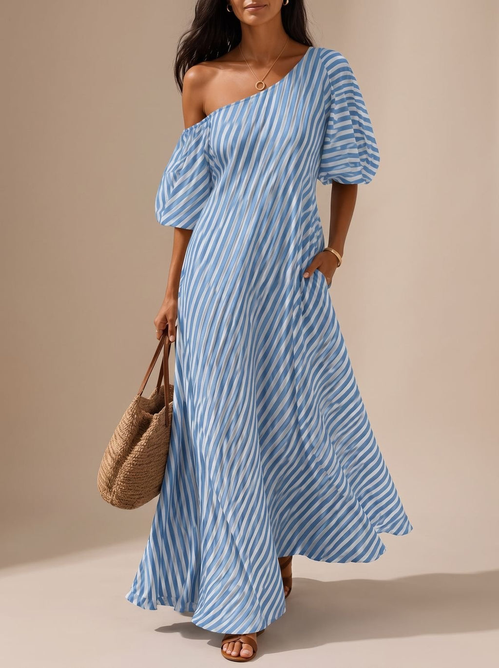 Vestido largo boho de un hombro con rayas para mujer, silueta fluida