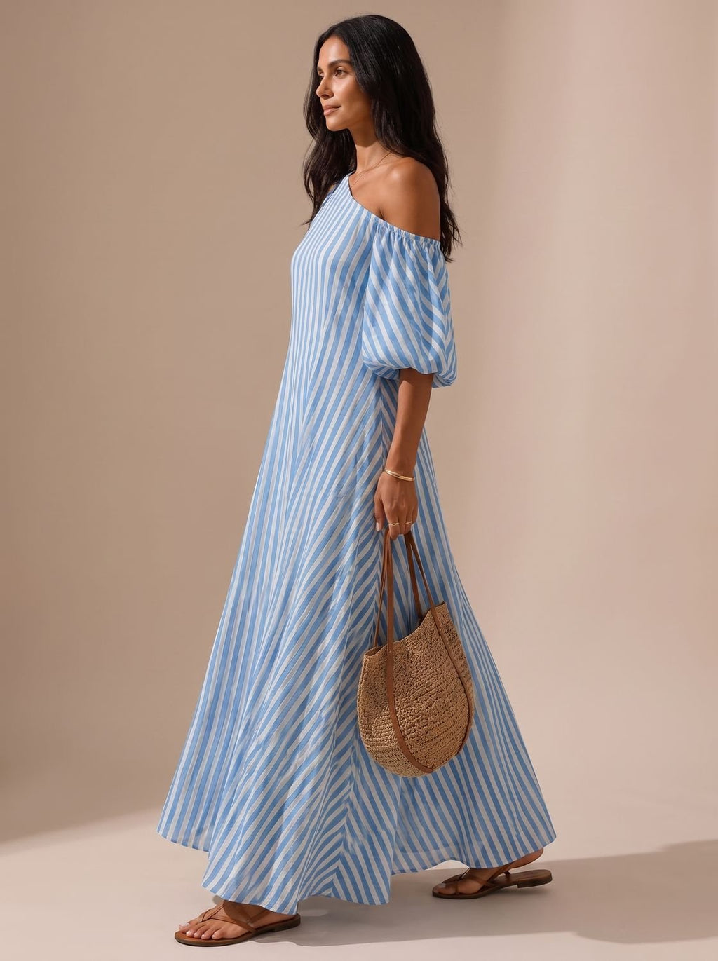 Vestido maxi boho con mangas abullonadas y bolsillo lateral