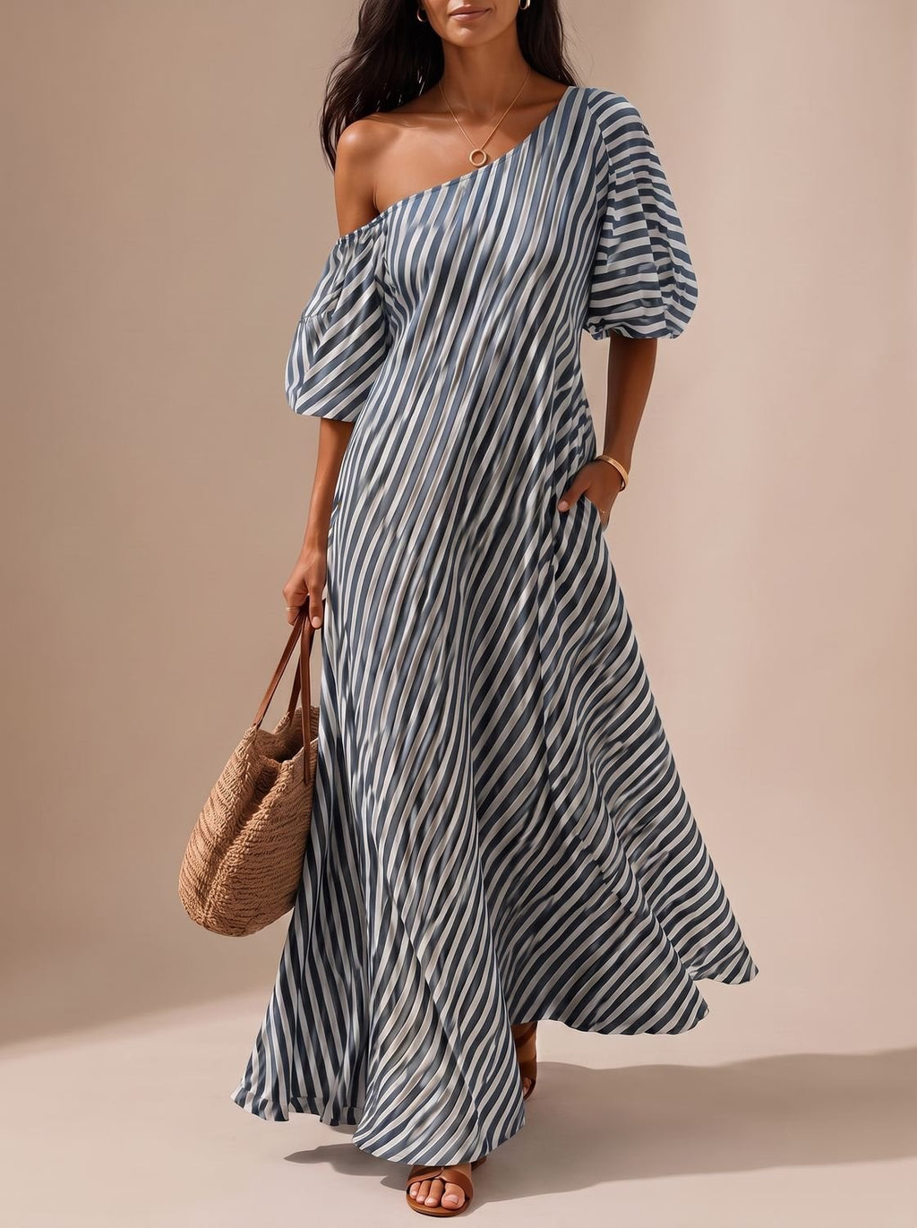 Vestido boho de un hombro combinado con accesorios para look de vacaciones