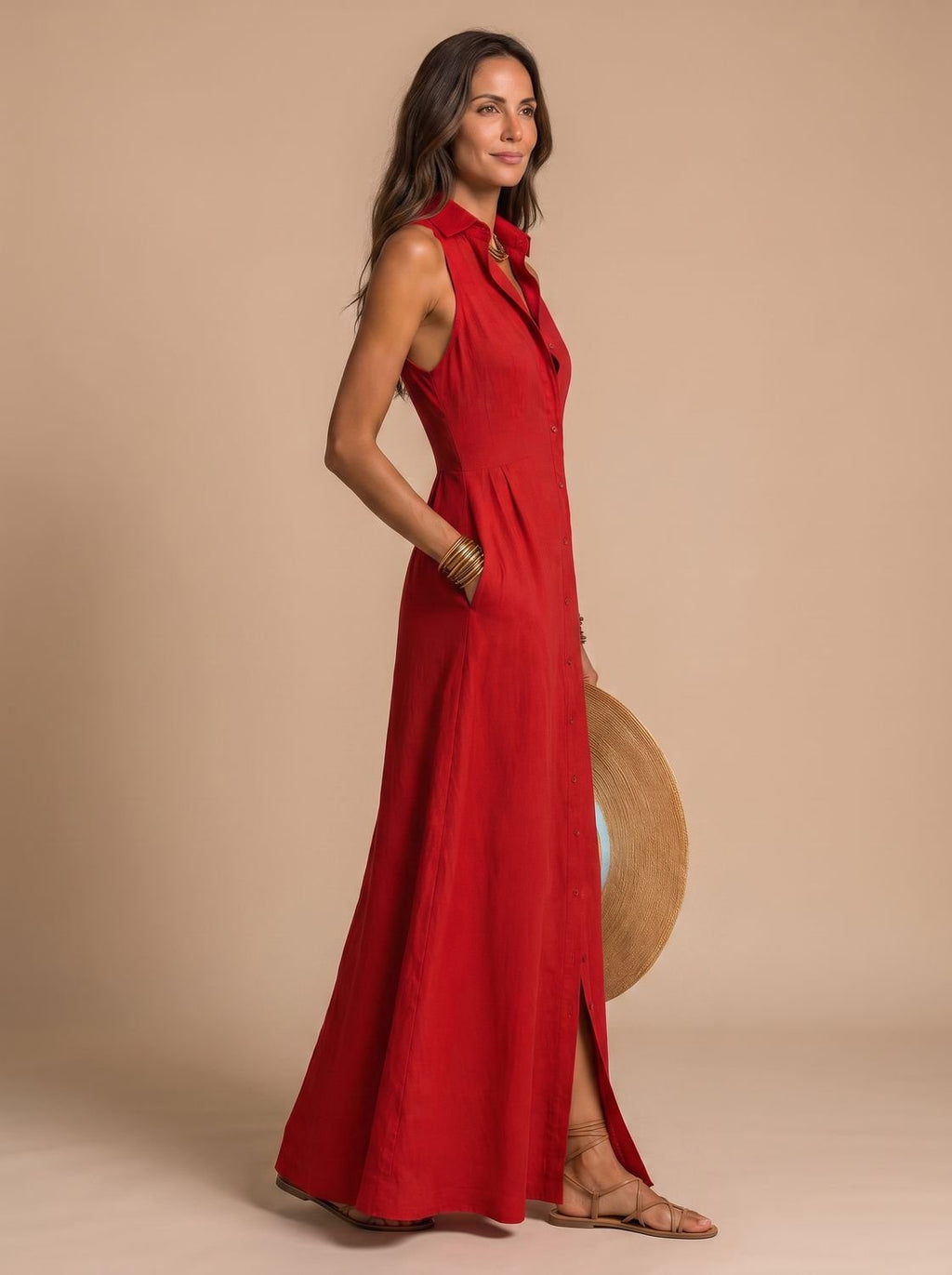 Detalle del cuello camisero y botones delanteros del vestido maxi de lino