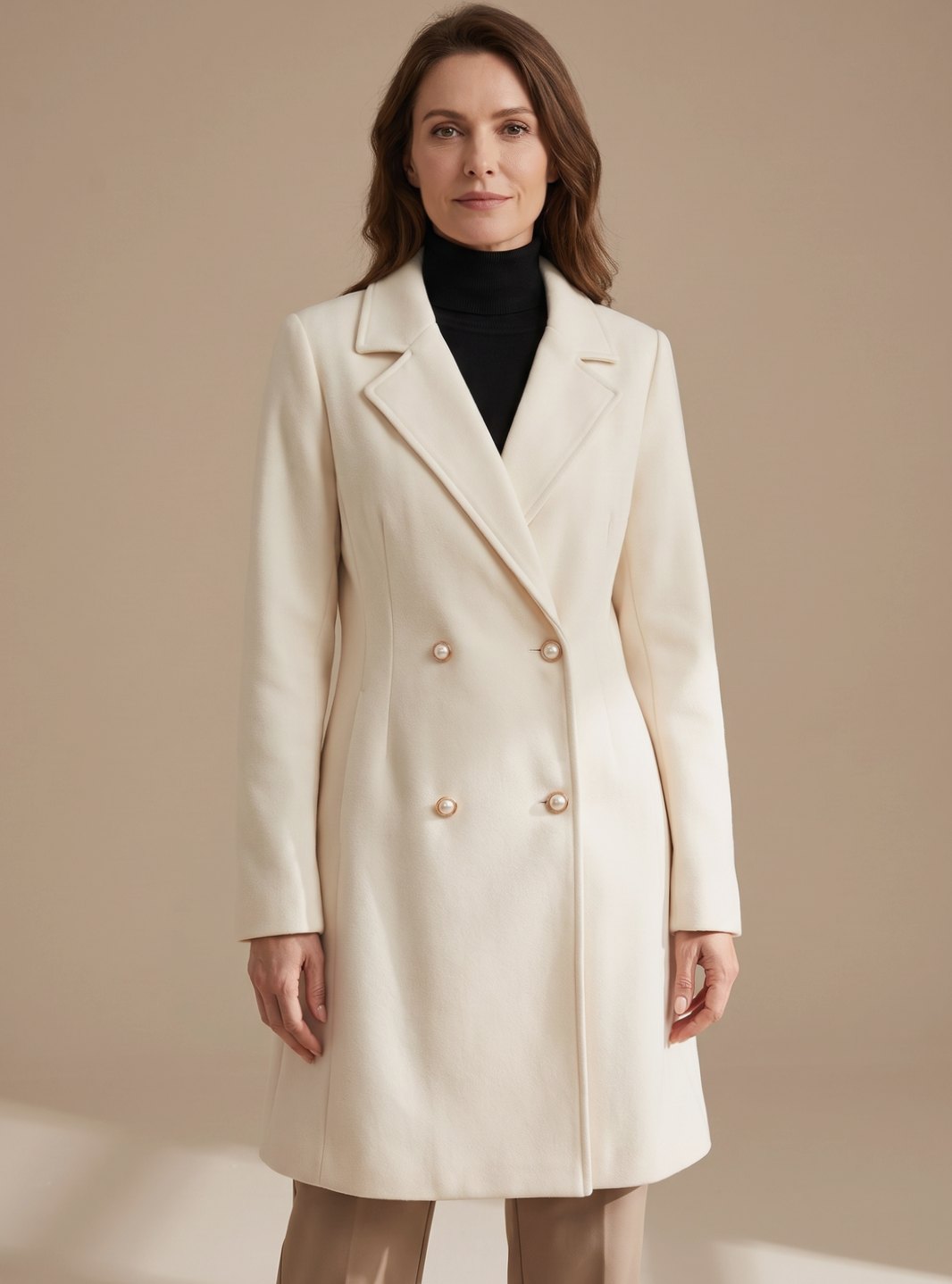 Abrigo cruzado midi color beige para mujer con botones dorados y solapa clásica