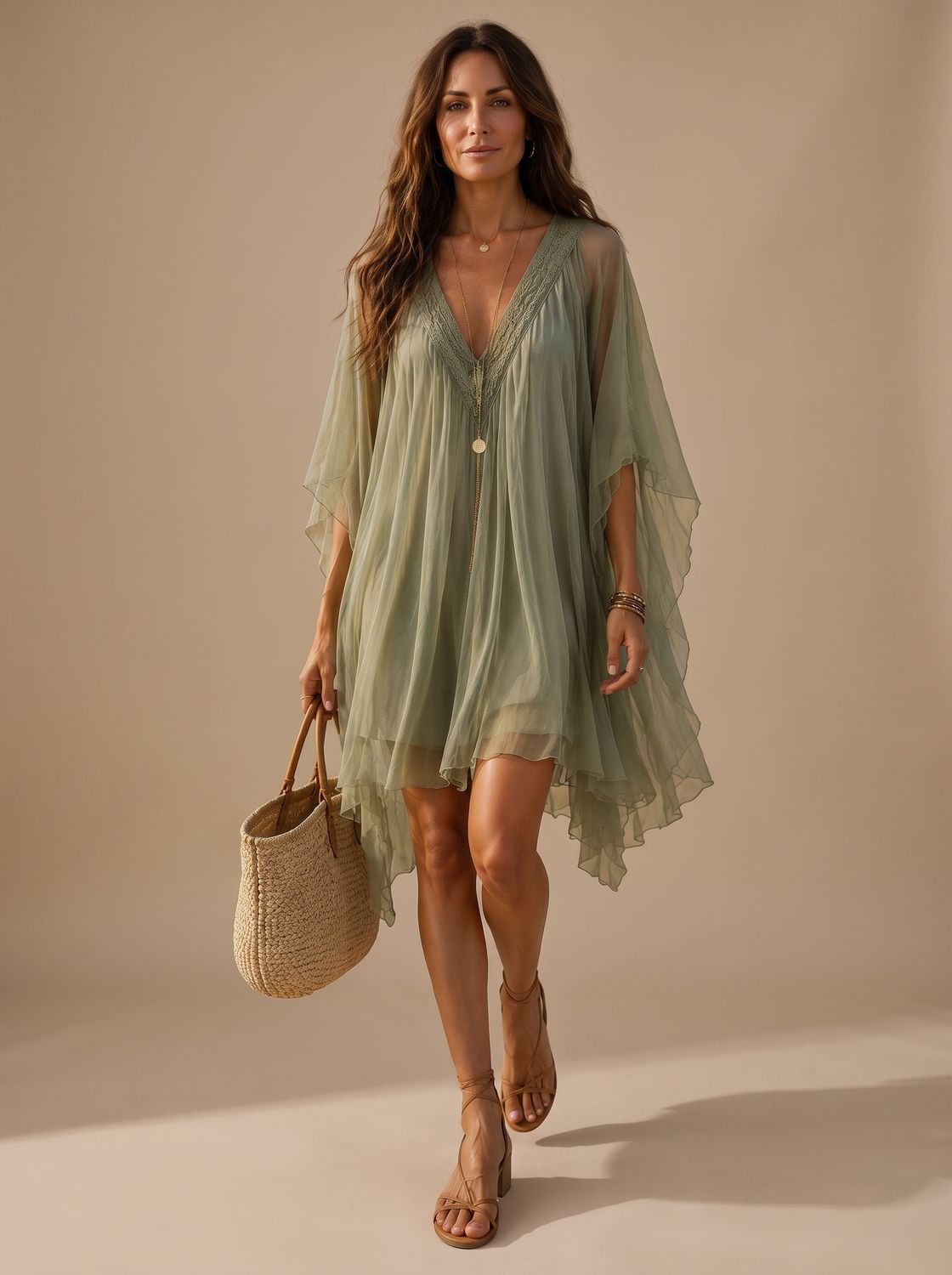 Mujer con vestido mini de gasa boho verde con escote en V en la playa