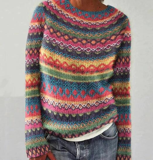 Jersey de punto a rayas multicolor para mujer, cuello redondo y manga larga