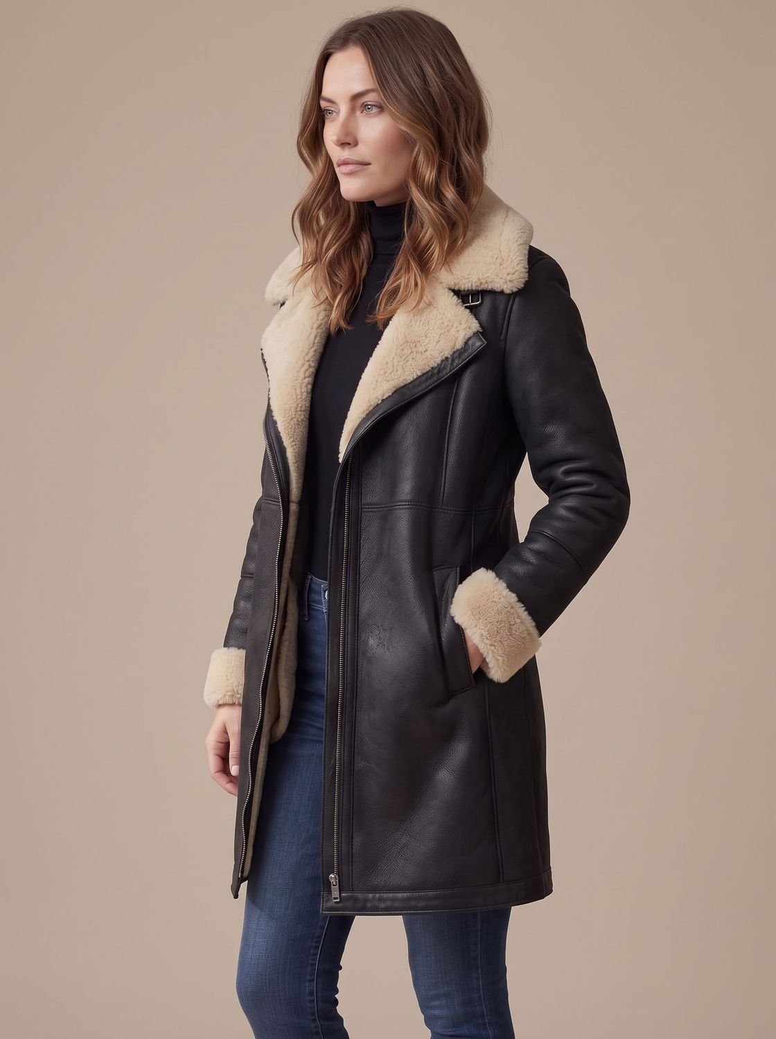 Abrigo de mujer en ante sintético combinado con jersey de cuello alto