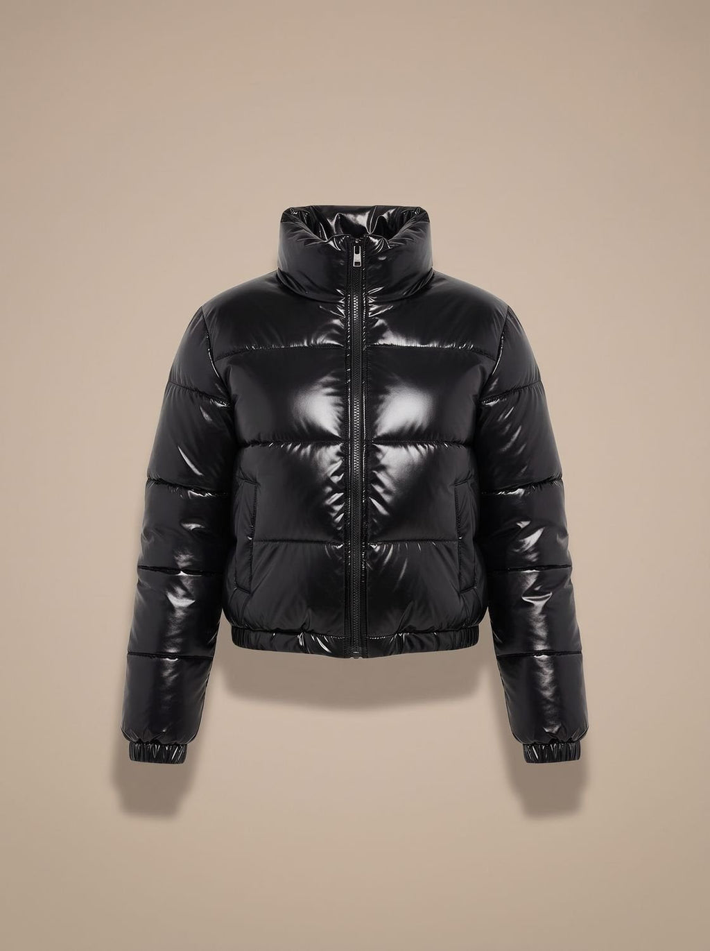 Chaqueta acolchada corta brillante de mujer con cremallera frontal