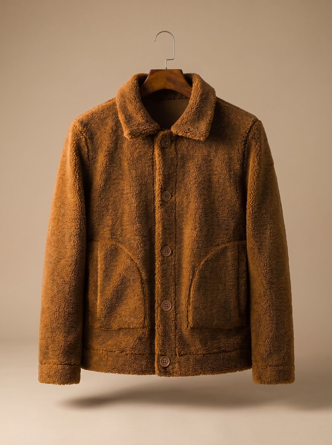 Hombre con chaqueta shearling sherpa camel con cierre de botones y cuello solapa