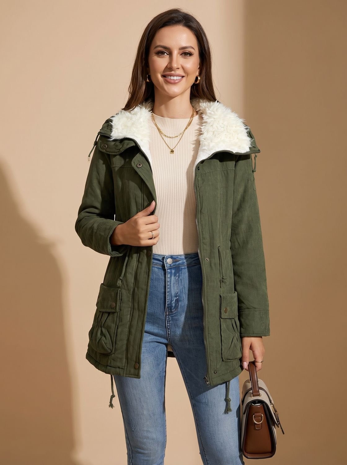 Parka de invierno BRUMALYS en negro con cuello de pelo sintético para mujer
