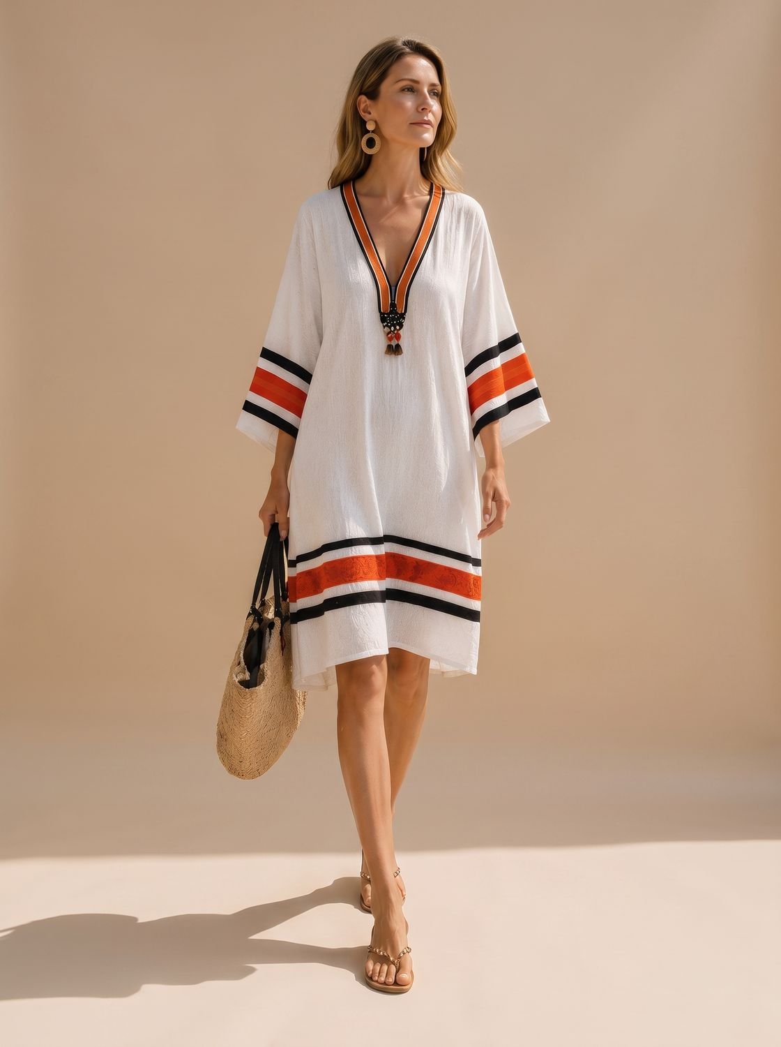 Vestido kaftán midi boho con escote de pico y borlas para mujer