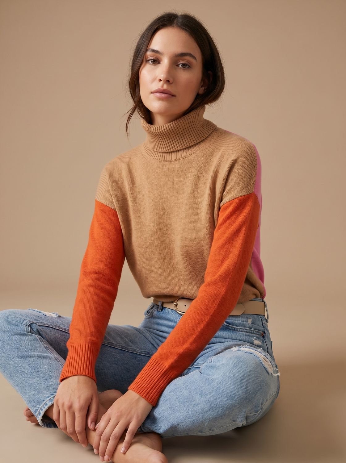 Detalle del cuello alto vuelto del jersey color block