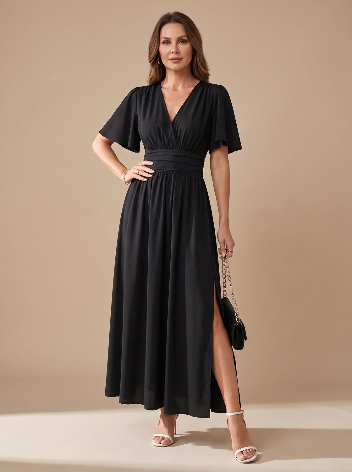 Vestido largo CELINDRA con escote en V y mangas de volante en look completo