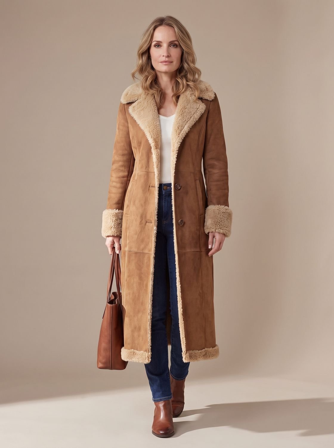 Abrigo largo de pelo sintético marrón con forro shearling para mujer