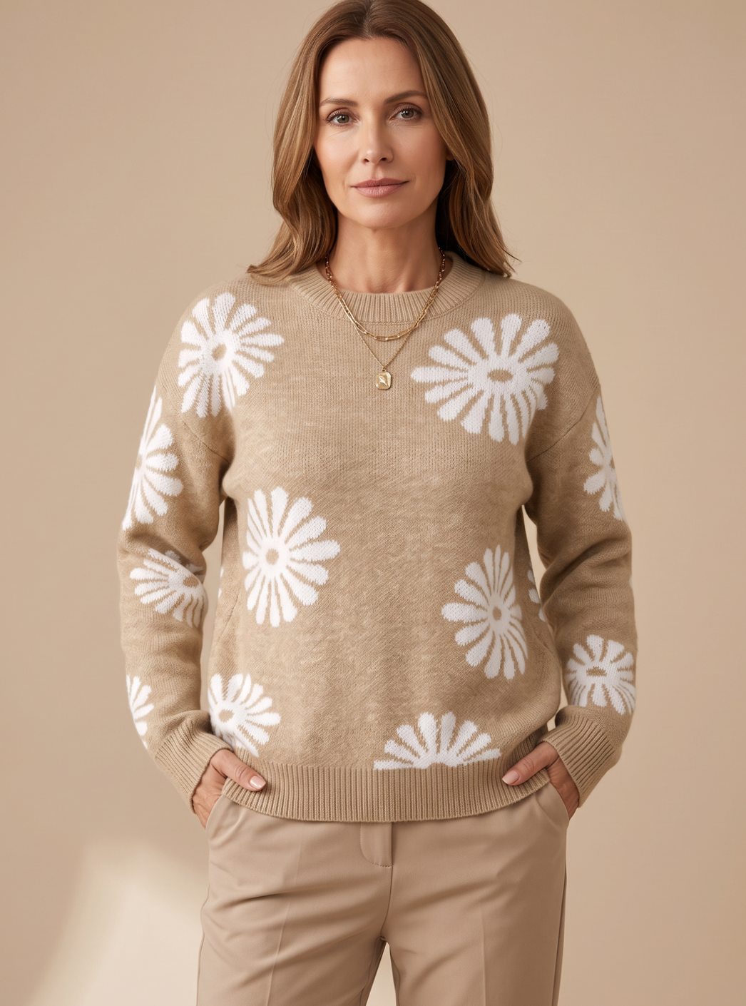 Jersey de punto holgado con estampado floral de margaritas, cuello redondo, para mujer