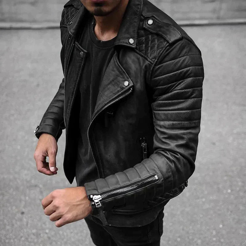 Chaqueta biker de cuero Dakota para hombre, vista frontal con cremallera asimétrica