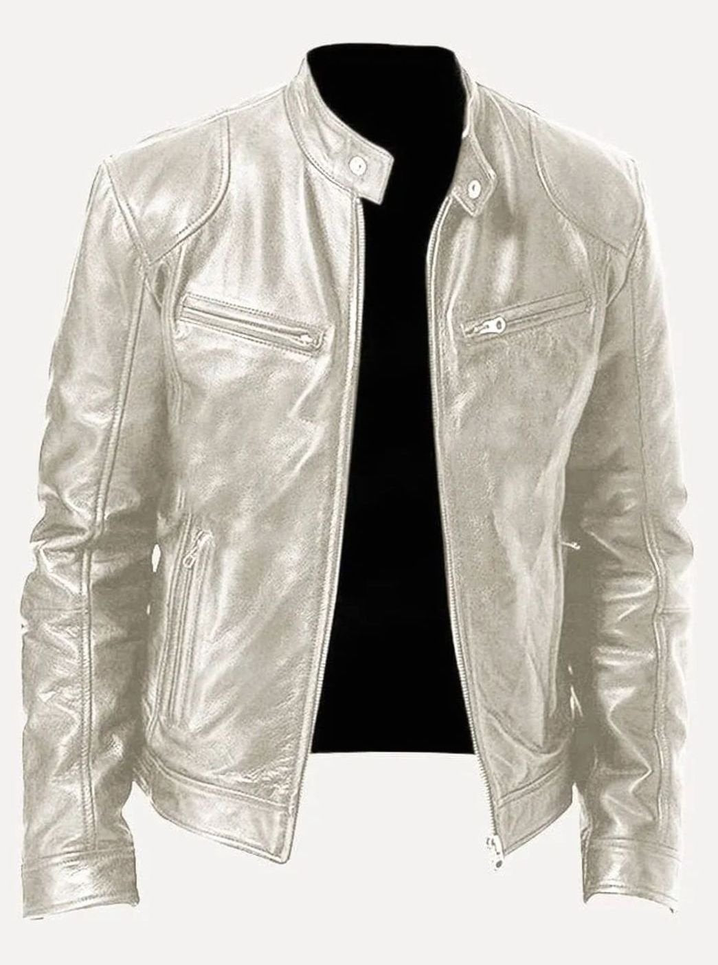 Hombre luciendo la cazadora de cuero slim fit Marco con vaqueros