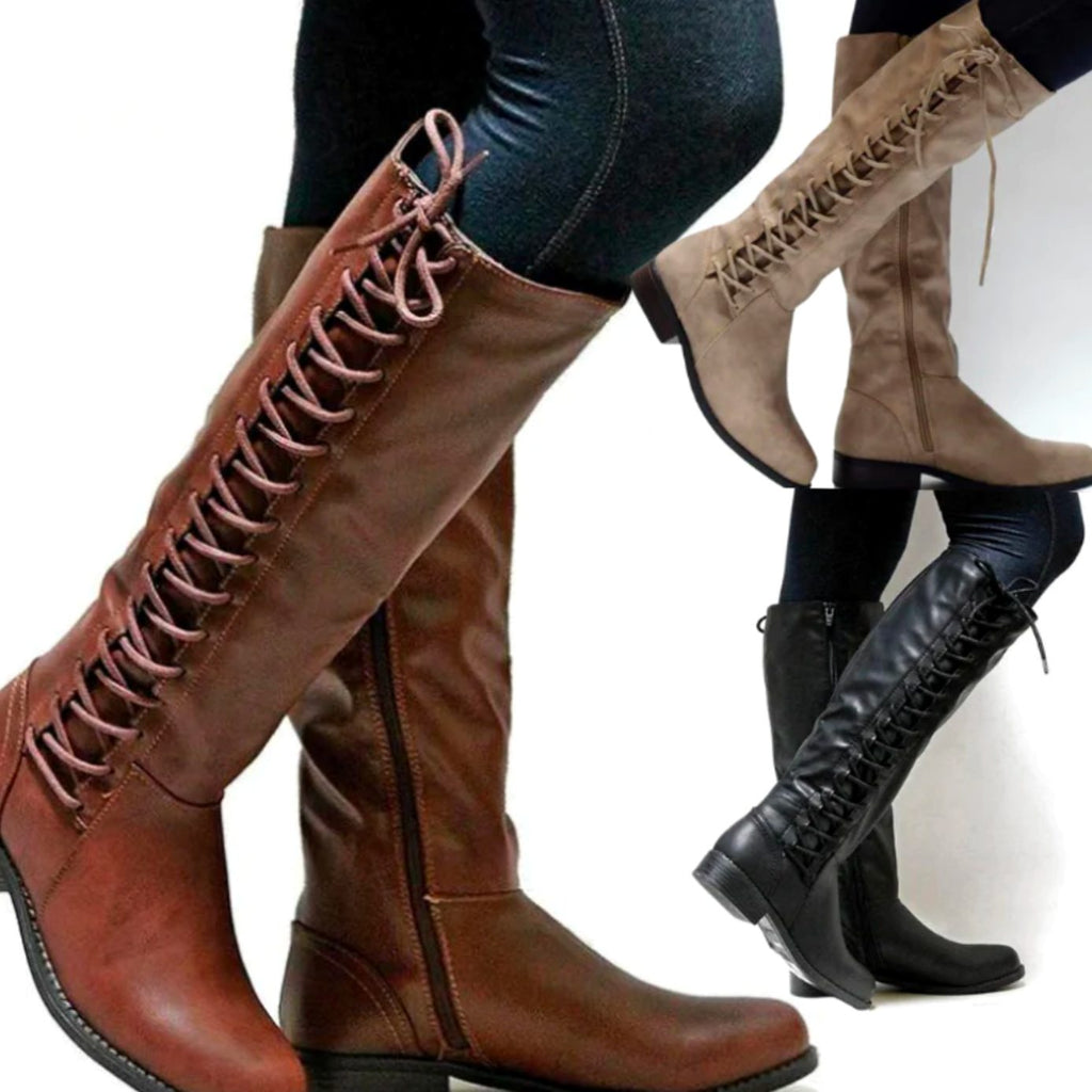 Botas altas de mujer con cordón trasero y tacón bloque bajo