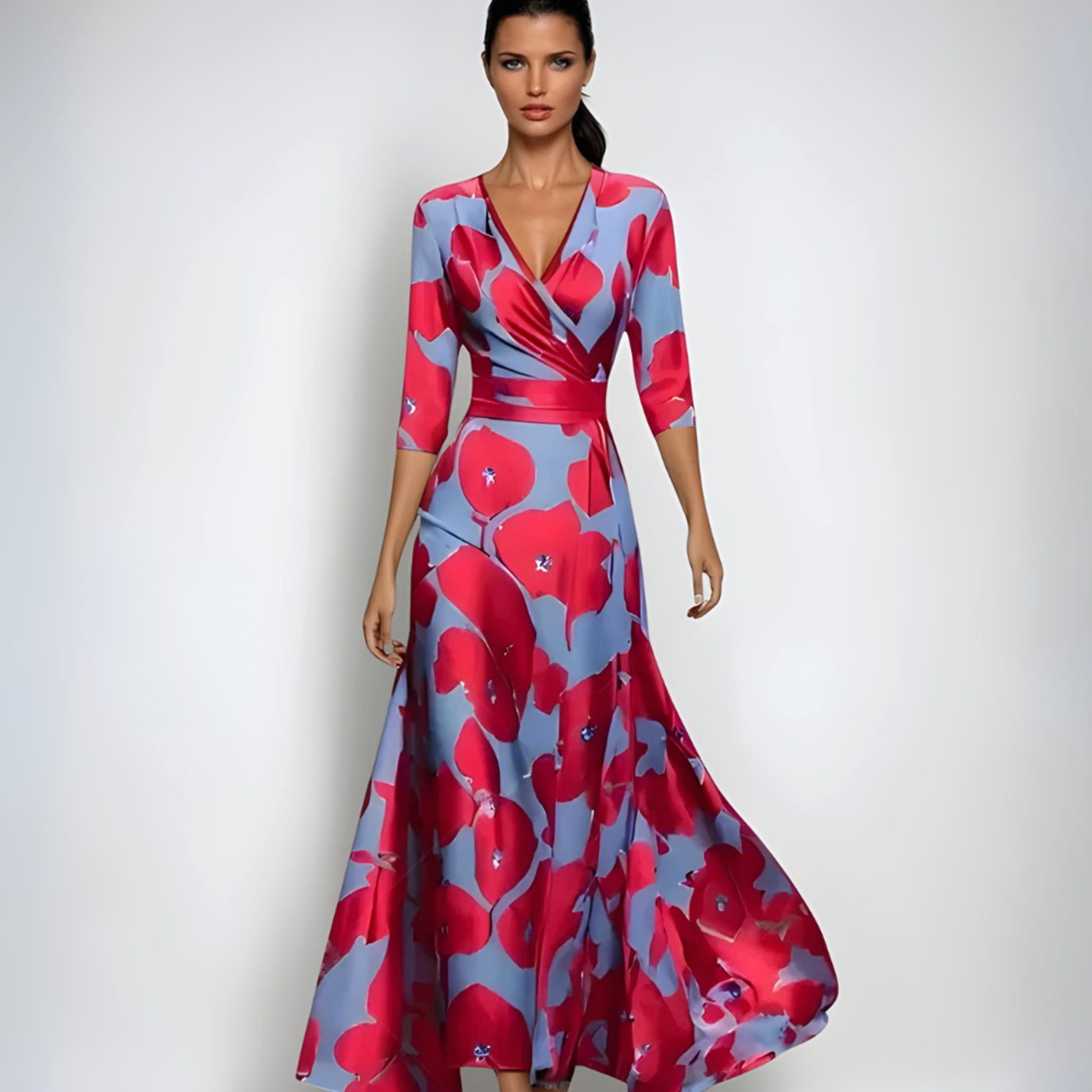 Vestido largo floral cruzado con escote en V para mujer, vista frontal completa