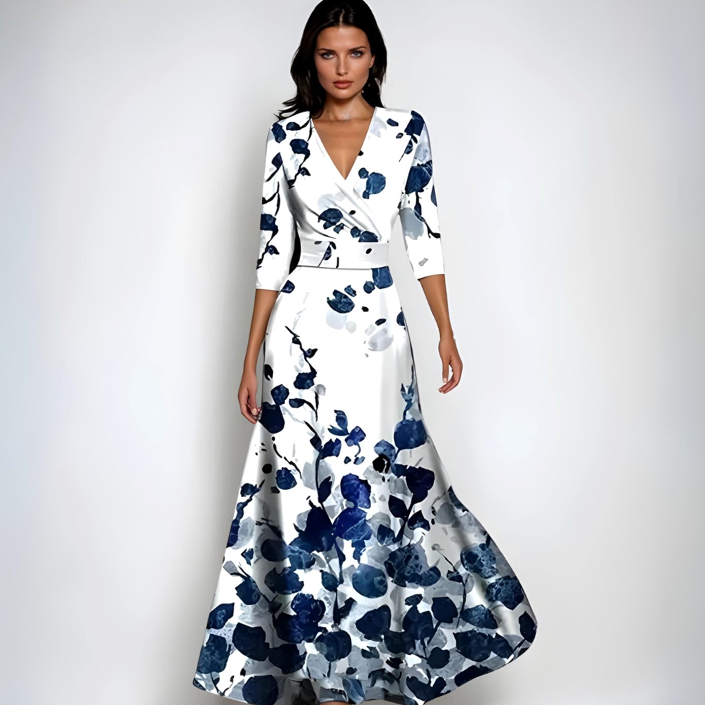 Detalle del estampado floral de gran tamaño en el vestido maxi cruzado