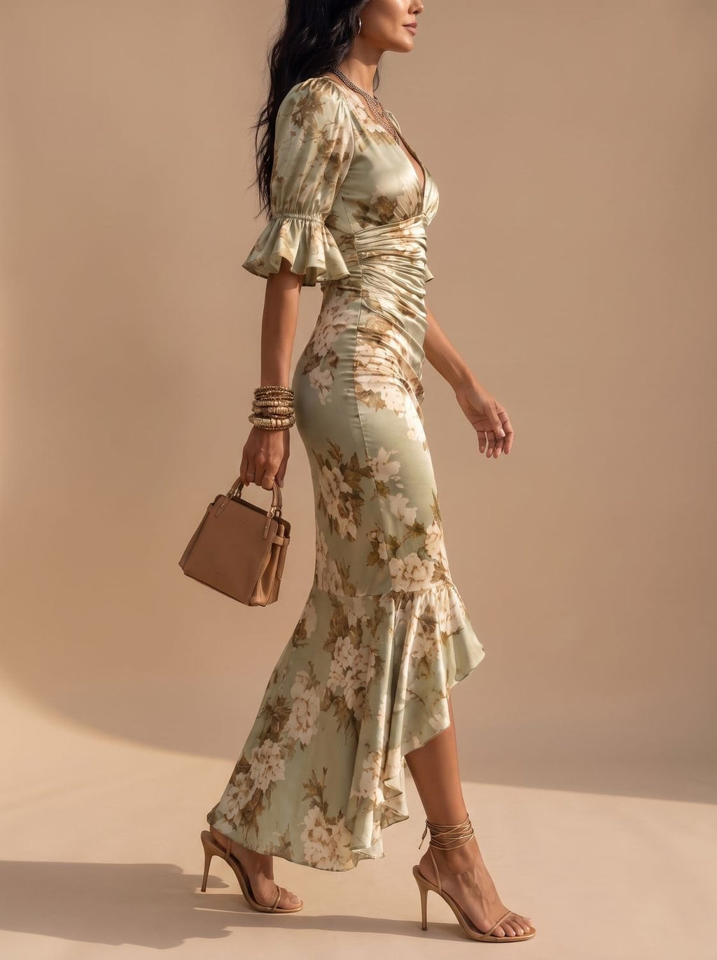Vestido boho con mangas de volante vista frontal
