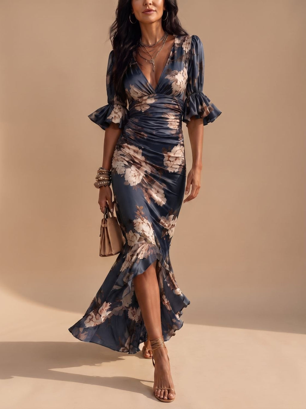 Modelo luciendo vestido midi floral en ambiente exterior