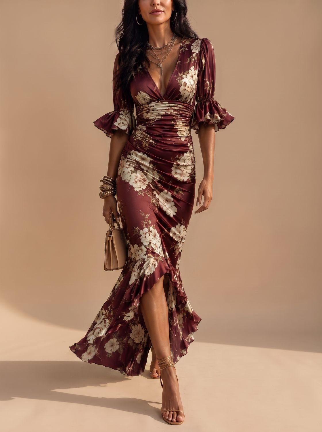 Detalle de la tela y el estampado floral del vestido boho