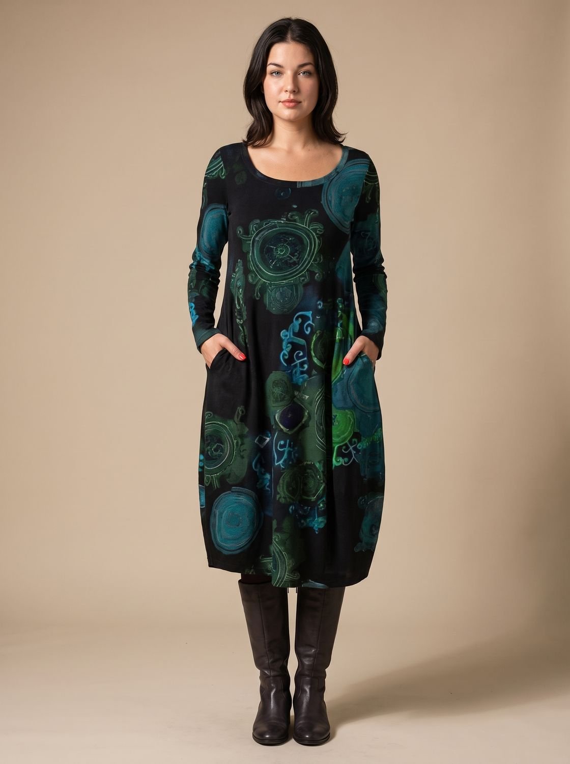 Vestido midi estampado de manga larga para mujer con bolsillos, estilo bohemio