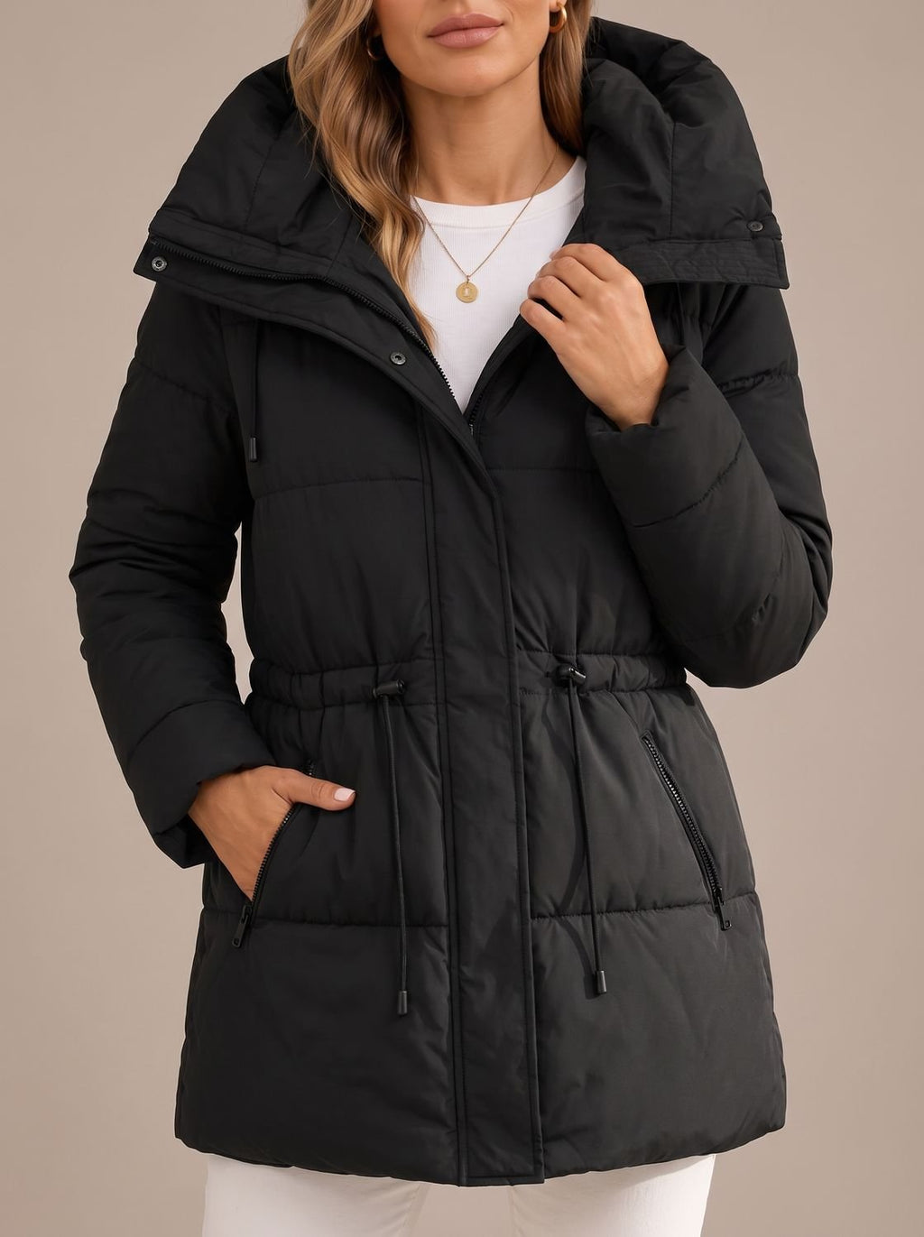 Bolsillo lateral con cremallera de la chaqueta acolchada con capucha