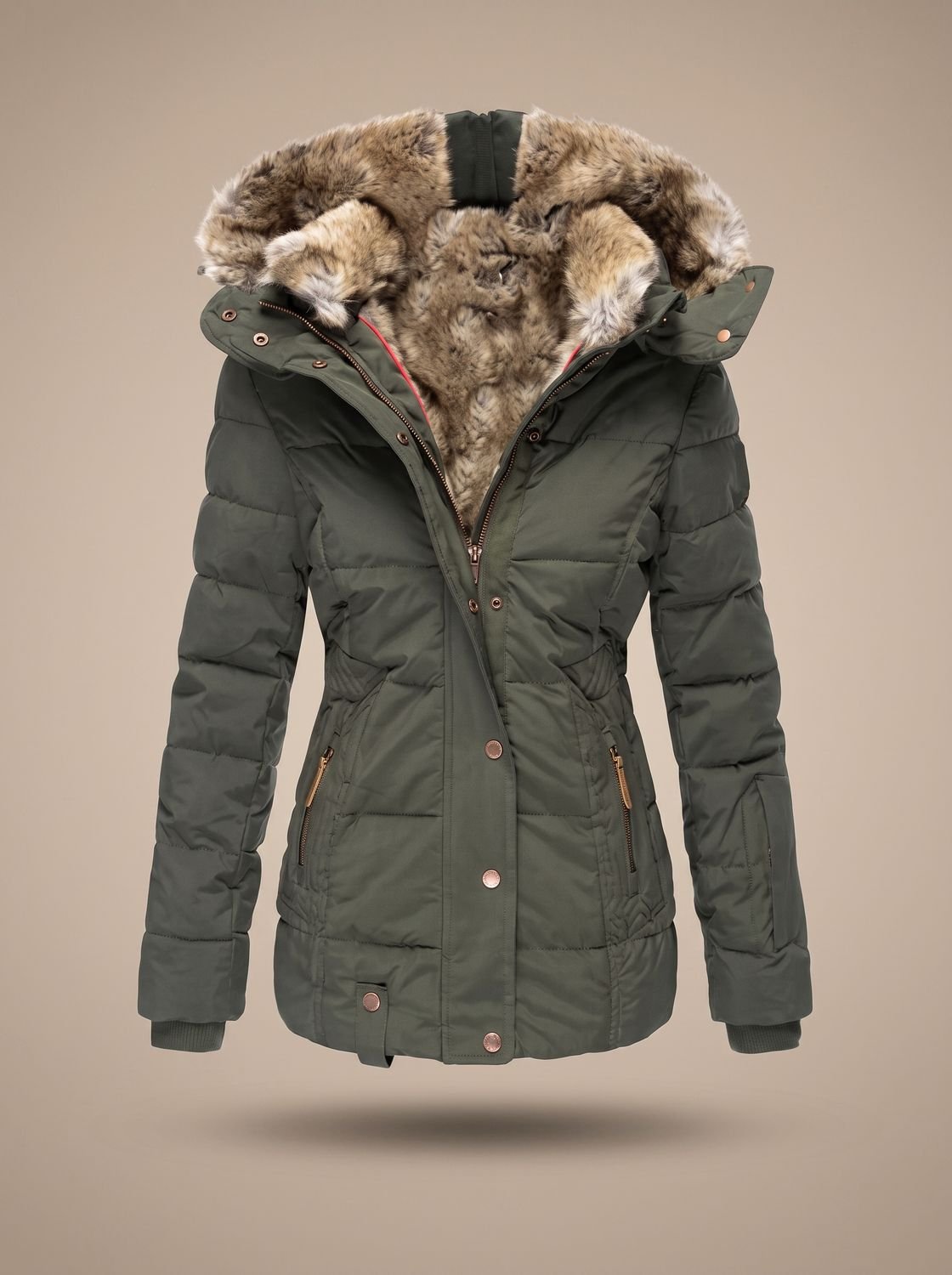 Detalle del acolchado y costuras del abrigo de invierno