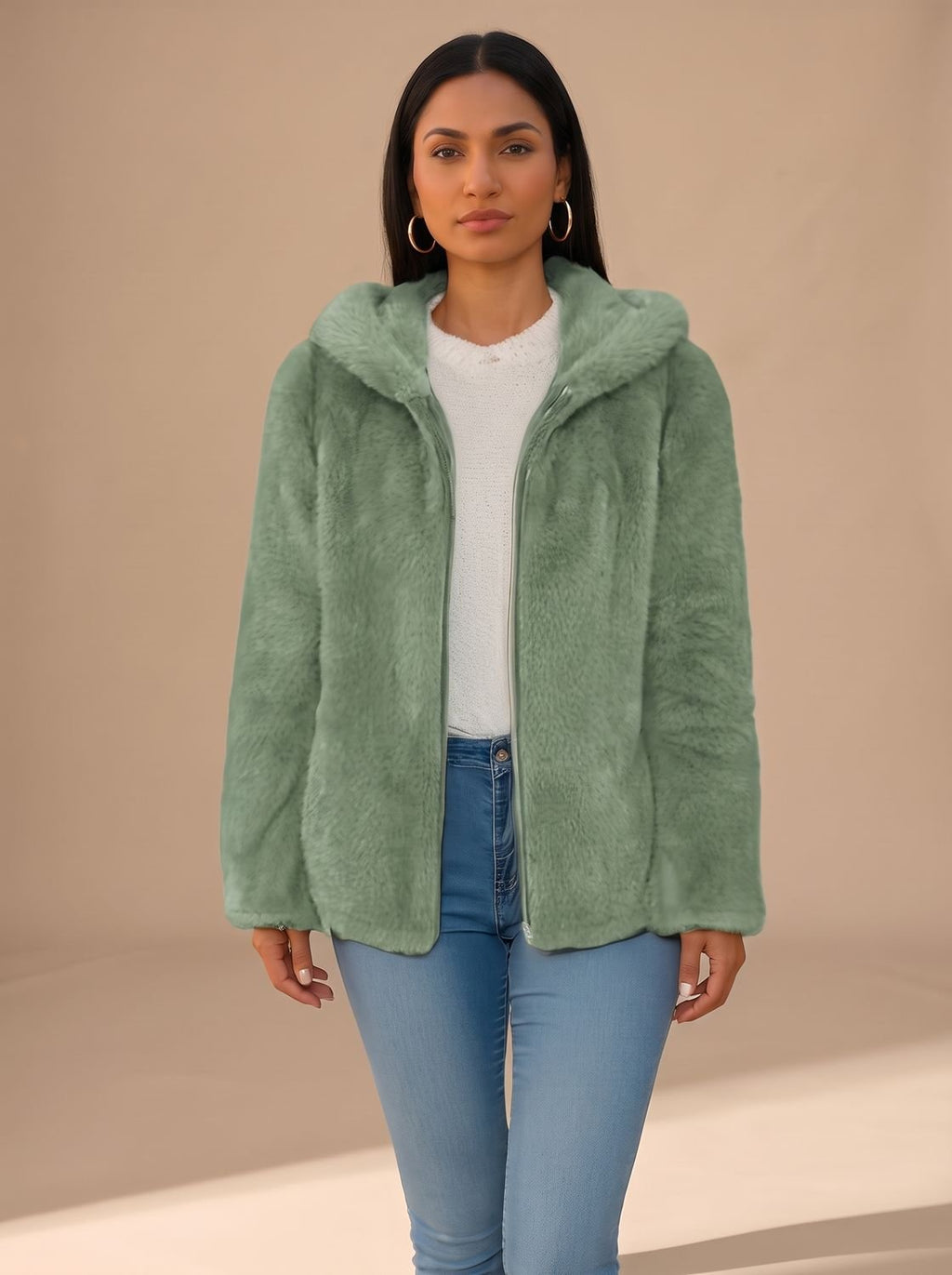 Mujer luciendo abrigo oversize con capucha combinado con look casual