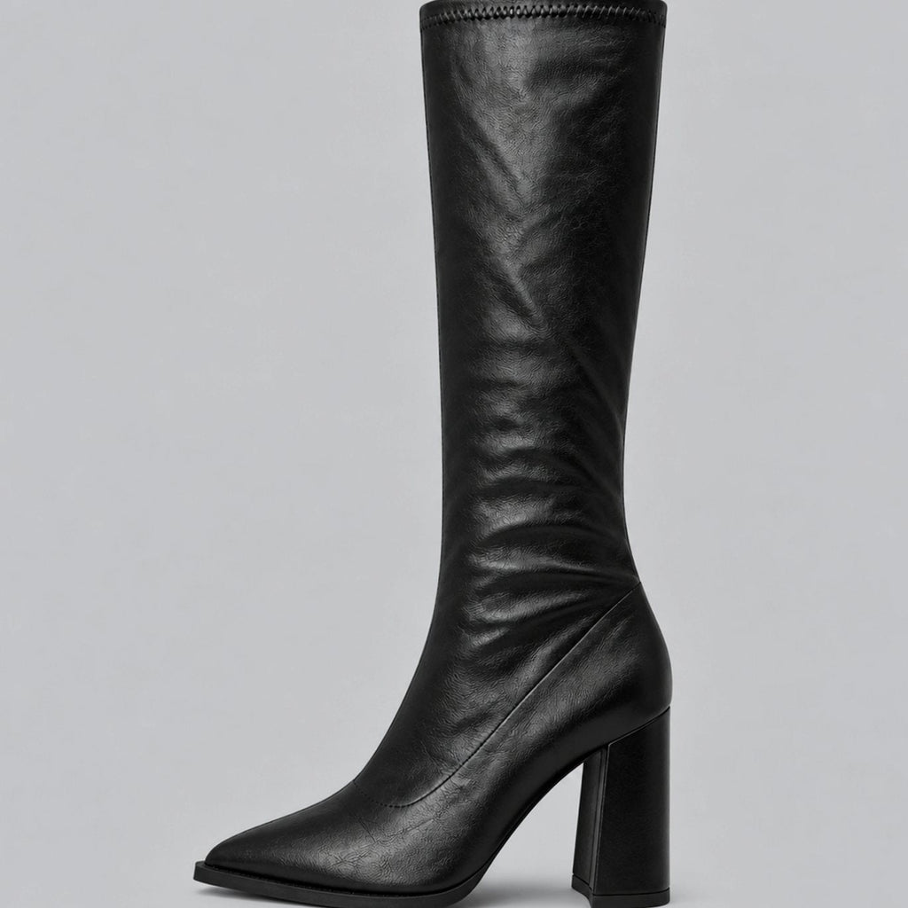 Botas altas de punta fina y tacón grueso para mujer, vista frontal completa