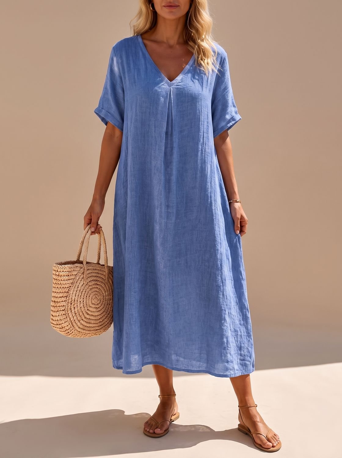 Vestido largo boho de lino con escote en V para mujer, look de verano