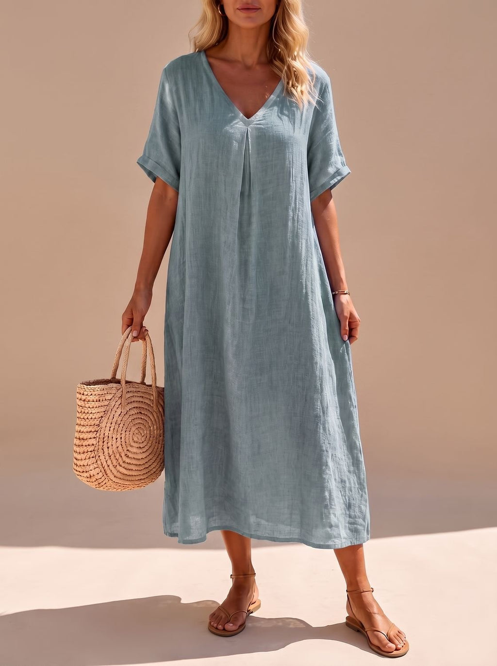 Vista trasera del vestido maxi de lino con silueta línea A