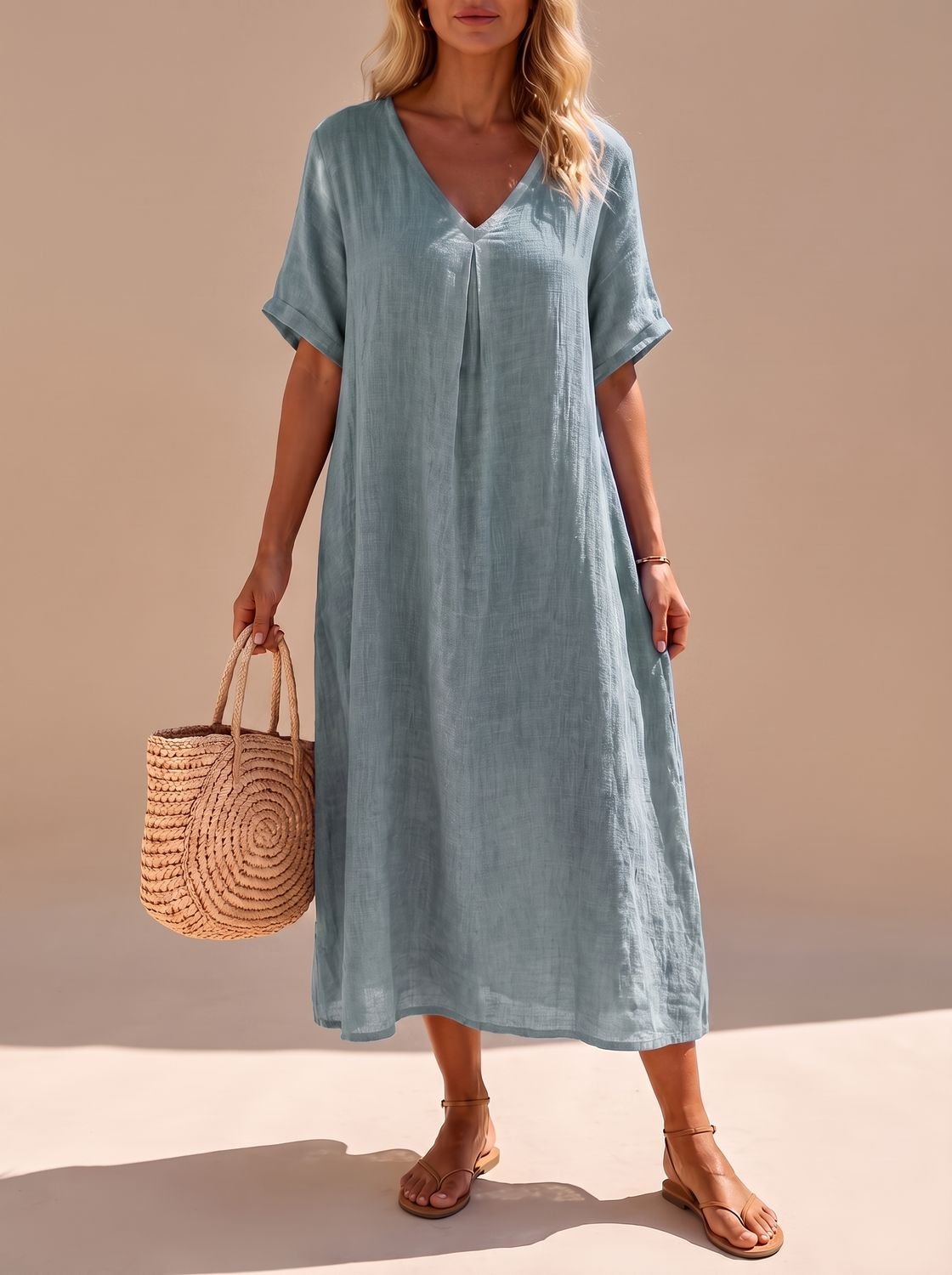 Vista trasera del vestido maxi de lino con silueta línea A