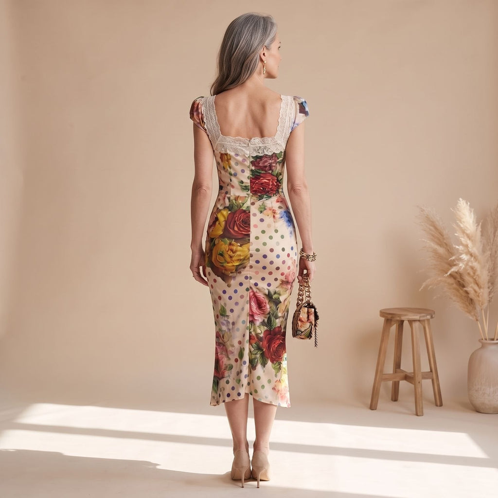 Detalle del escote de encaje en vestido floral bodycon