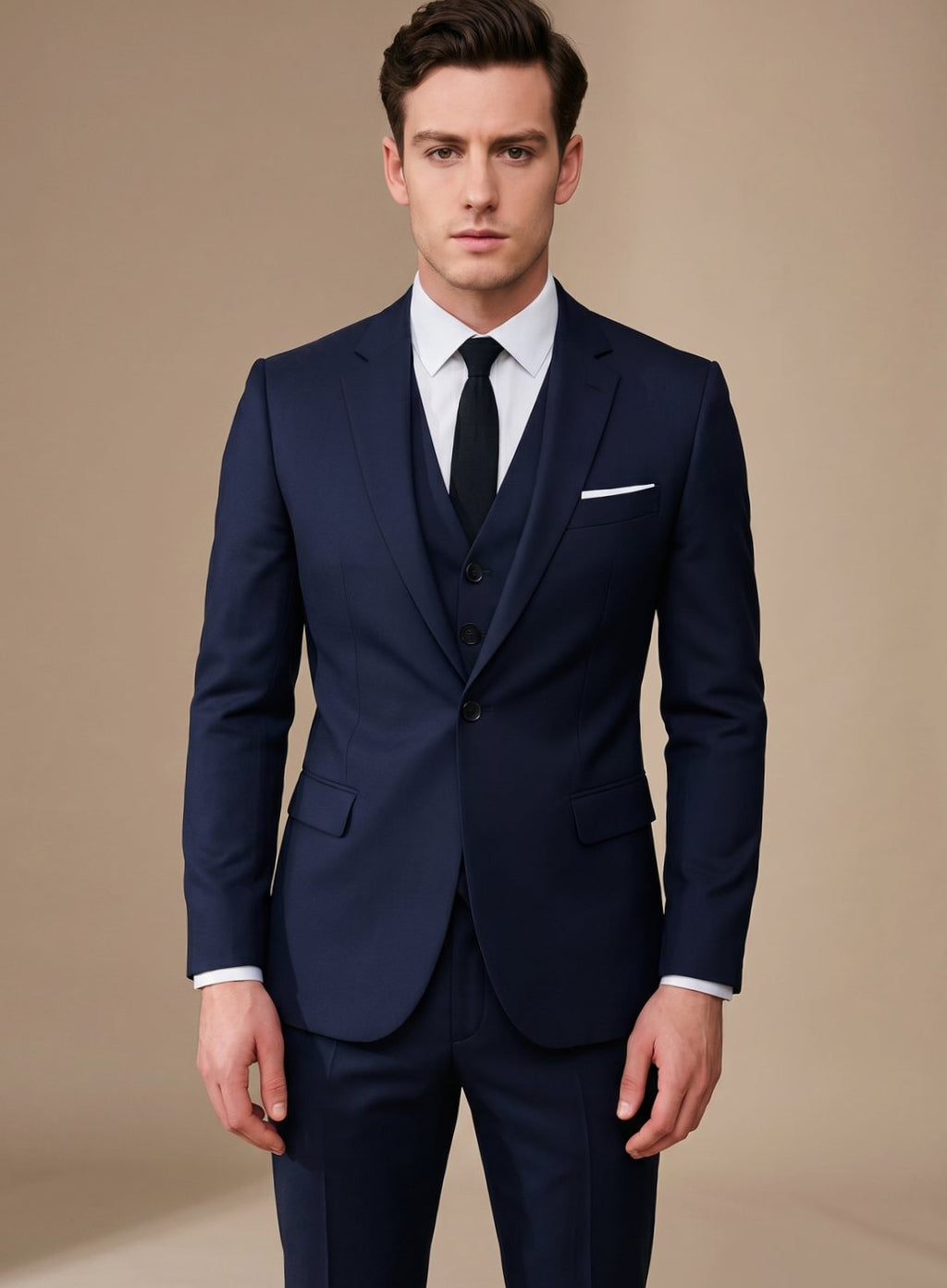 Hombre con traje slim fit de tres piezas en color azul marino para bodas y eventos formales