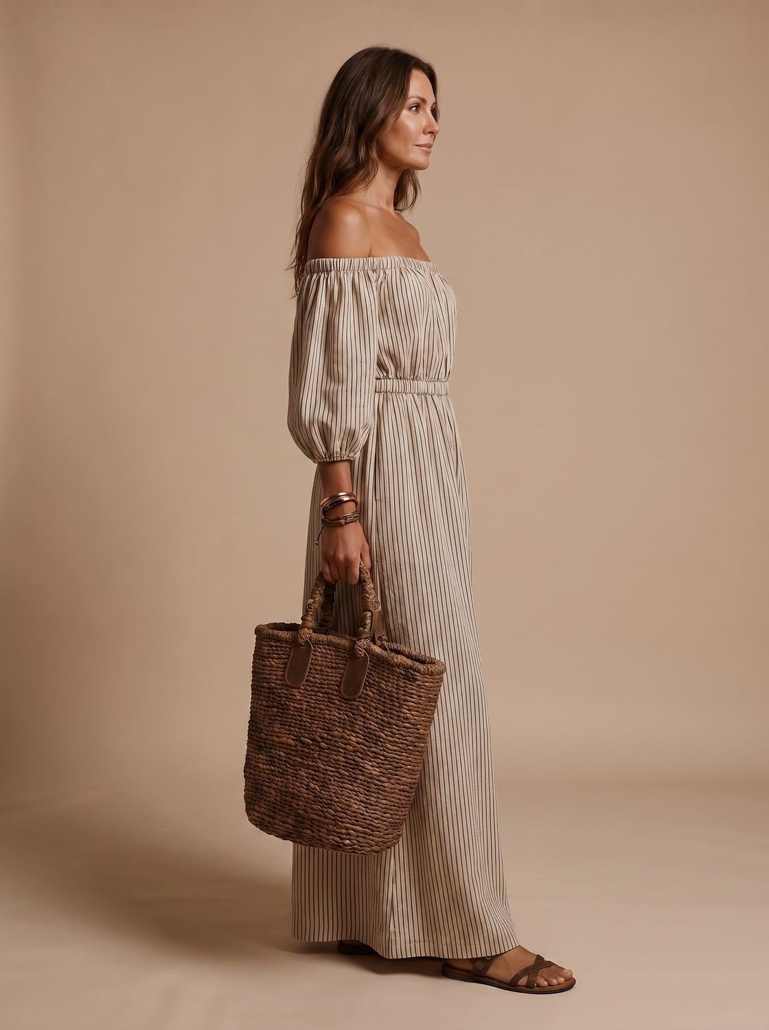 Detalle del tejido de mezcla de lino a rayas del vestido maxi boho