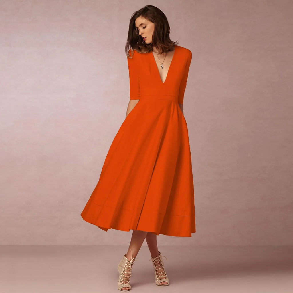 Mariela | Vestido Midi con Escote en V y Mangas al Codo | Elegante y Cómodo para Ocasiones Especiales - Noa Lagos