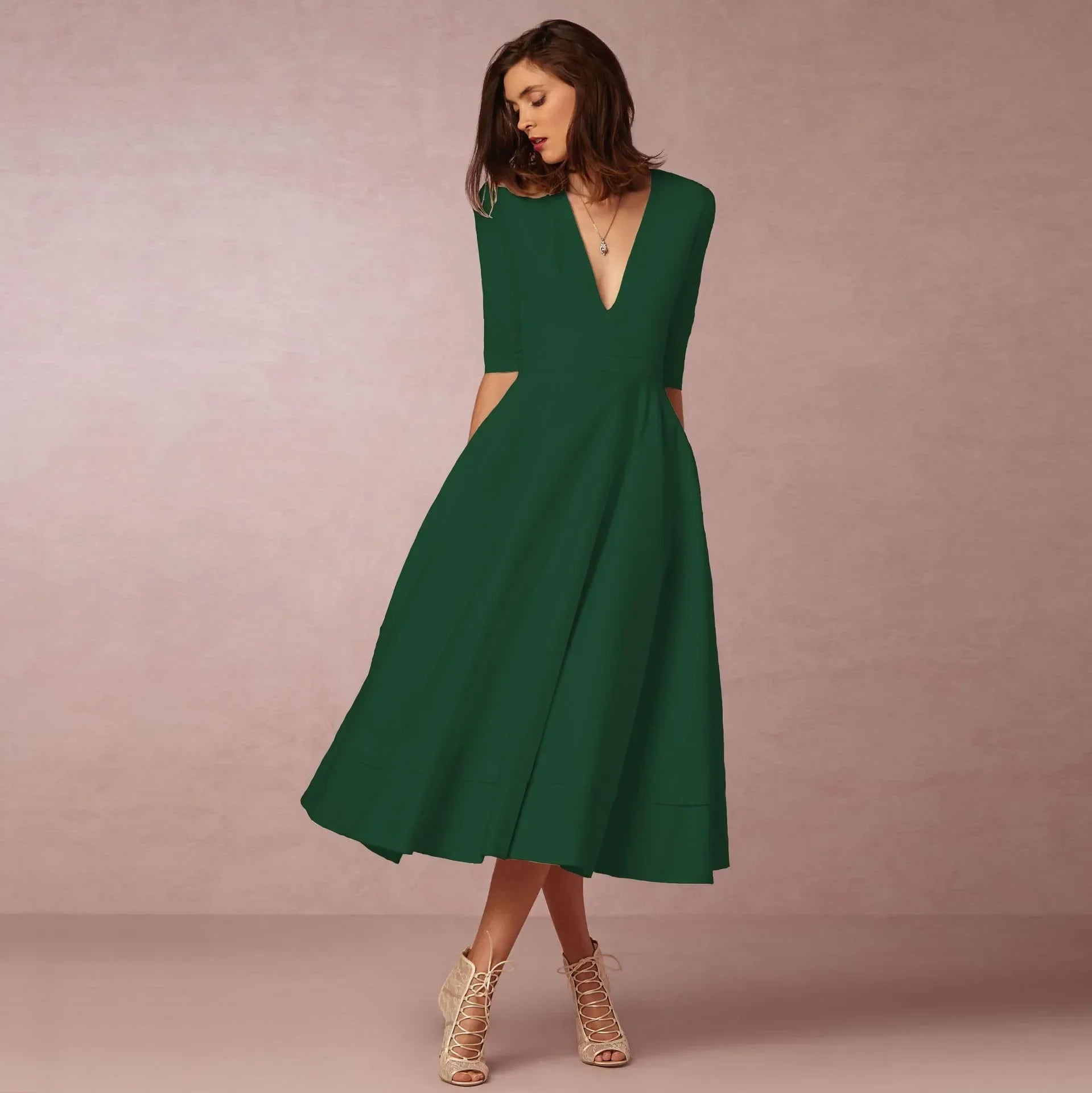 Mariela | Vestido Midi con Escote en V y Mangas al Codo | Elegante y Cómodo para Ocasiones Especiales - Noa Lagos