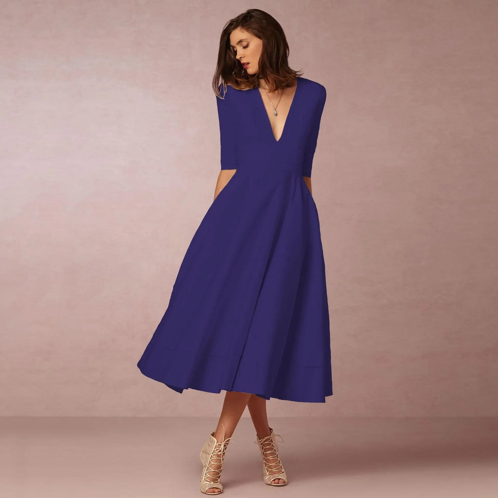 Mariela | Vestido Midi con Escote en V y Mangas al Codo | Elegante y Cómodo para Ocasiones Especiales - Noa Lagos