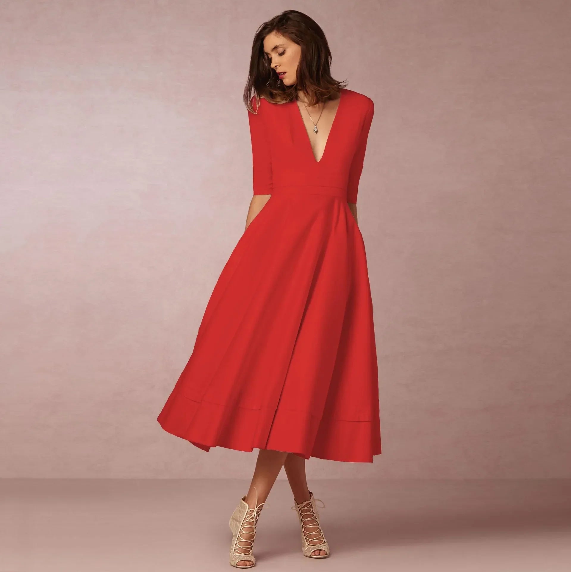 Mariela | Vestido Midi con Escote en V y Mangas al Codo | Elegante y Cómodo para Ocasiones Especiales - Noa Lagos