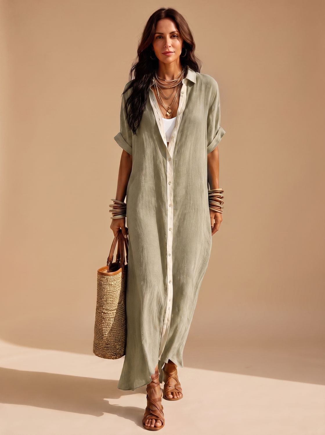Detalle del cuello camisero y botonadura frontal del vestido maxi boho