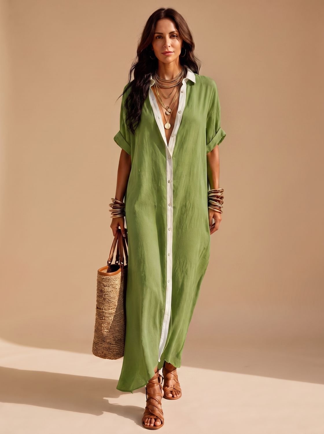 Vista completa del vestido maxi oversize estilo boho para mujer