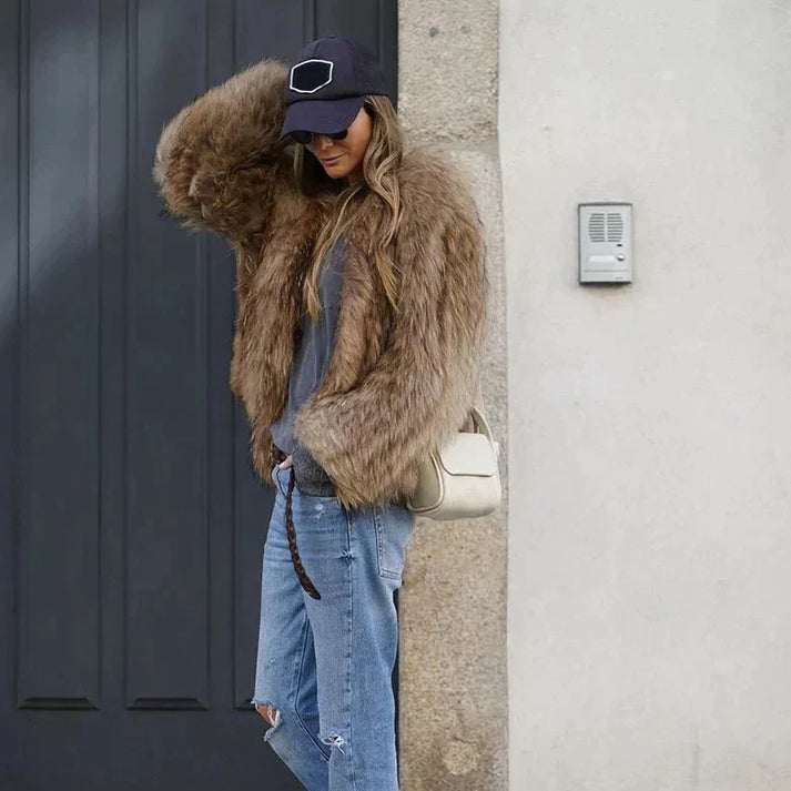 Abrigo de pelo sintético marrón para mujer, estilo elegante de invierno