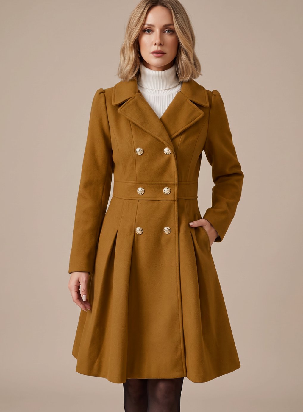 Abrigo cruzado combinado con look casual de vaqueros